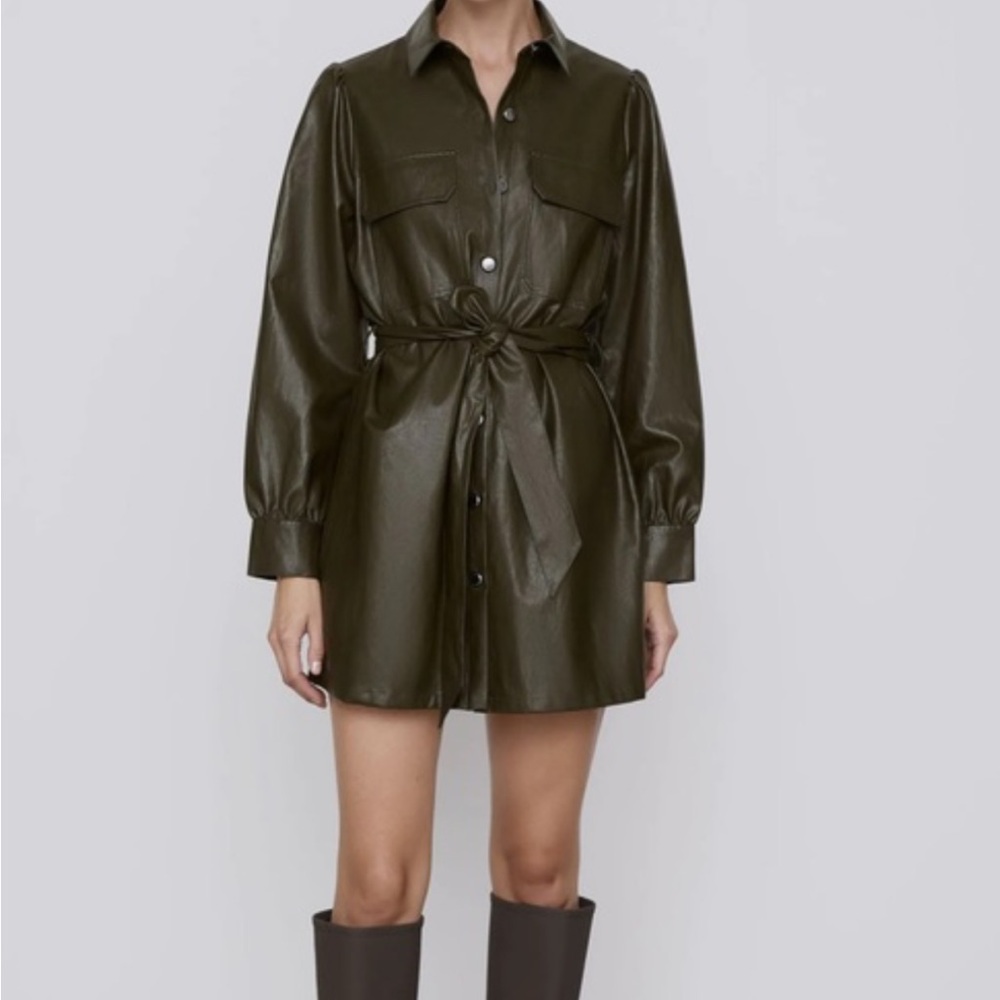 Zara Dark Olive Women's Leather Belted Dress Jacket M